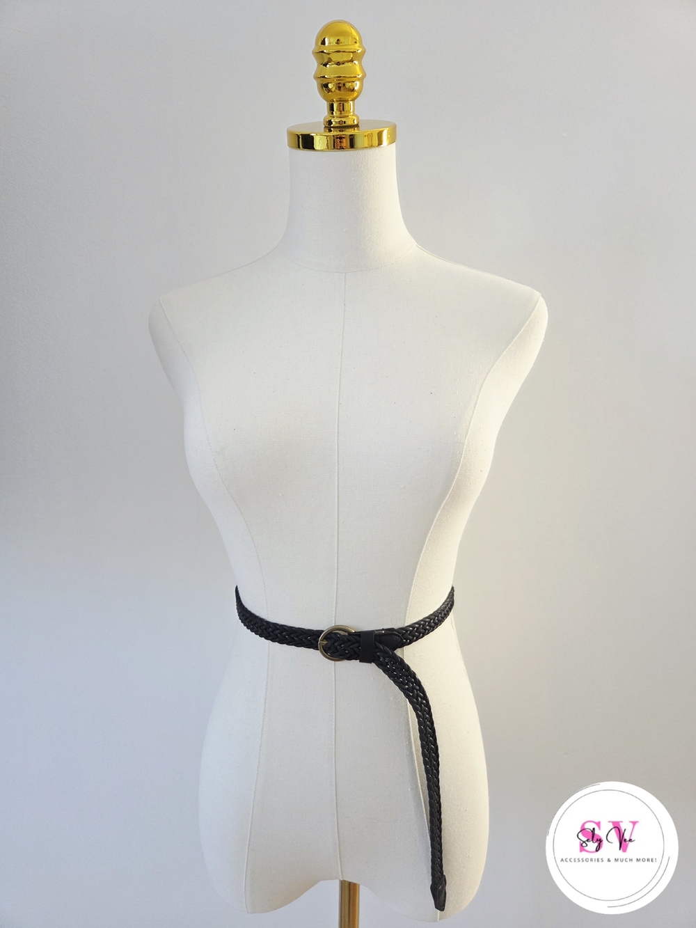 Black braided belt with gold buckle